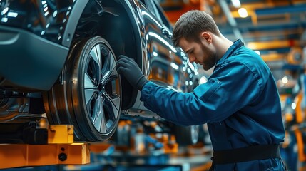 Automotive Technician Working on Car Wheel in Workshop