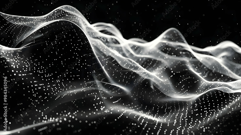 Poster abstract 3d render of white particles flowing like waves against a black background, evoking a sense