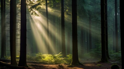 Sunbeams penetrate a serene forest, casting ethereal light and shadows, creating a magical and tranquil woodland scene.