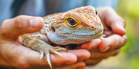brightly colored lizard being gently held in a person&rsquo;s hands, showcasing its intricate scales, vibrant hues, and expressive eyes, creating a sense of care and connection between human and reptile..