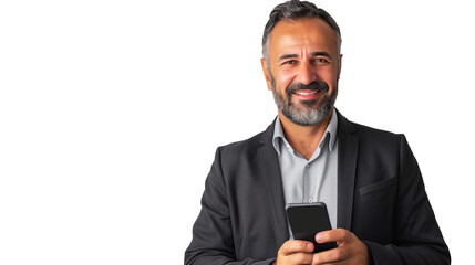 portrait of a businessman or entrepreneur using mobile phone isolated on transparent background