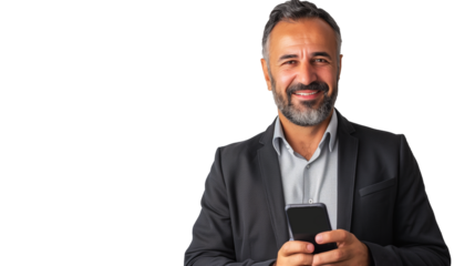 portrait of a businessman or entrepreneur using mobile phone isolated on transparent background