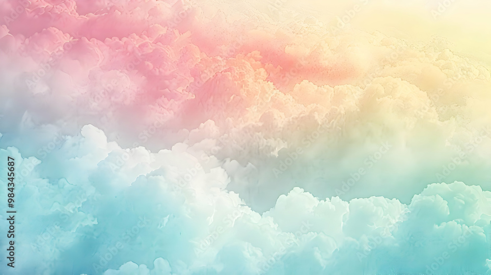 Poster abstract watercolor-style sky with clouds and gradient color transition from pink to yellow and blue