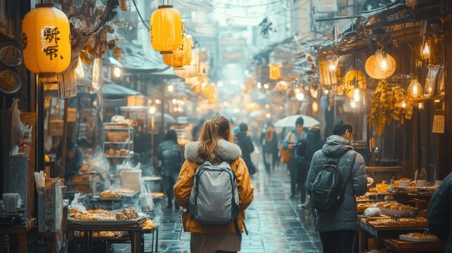 A bustling street market alive with glowing lanterns, varied stalls, and people amiably exploring the vibrant scene.