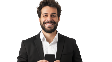 portrait of a businessman or entrepreneur using mobile phone isolated on transparent background