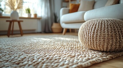 Sunlit minimalist living room featuring a woven floor rug, cushy knitted pouf, and serene decor elements creating a cozy, homey atmosphere.