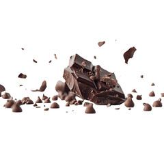Fototapeta premium a piece of broken or sliced dark chocolate with chocolate chips scattered, cut out