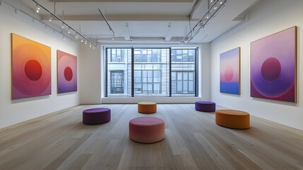 Paintings in a circular configuration, carefully curated for maximum impact in a modern gallery, the colors and textures creating a dynamic, immersive experience
