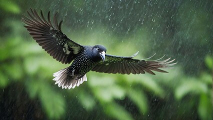 a bird is flying in the rain with a green background.