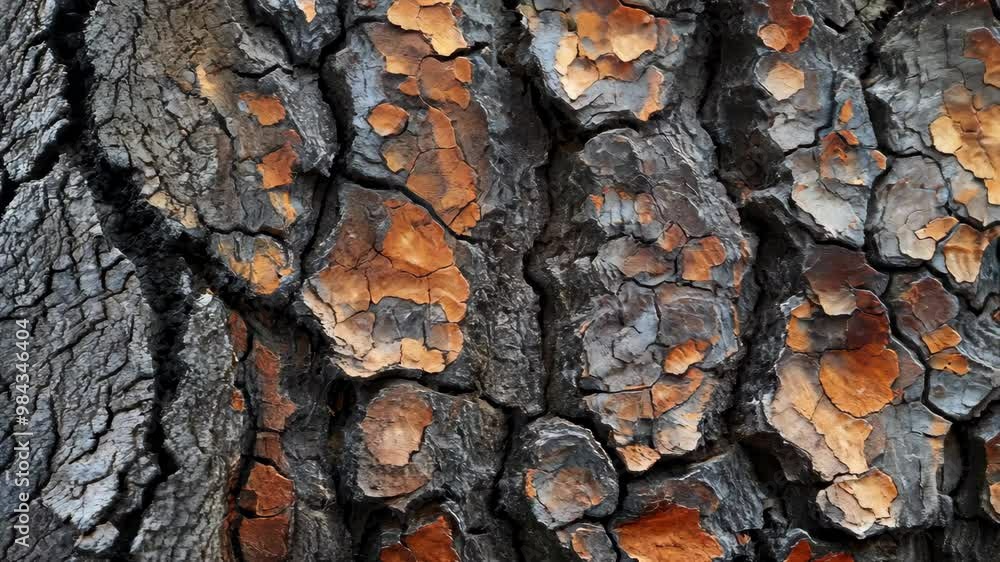 Poster exploring the intricate textures of large tree bark in a peaceful forest setting