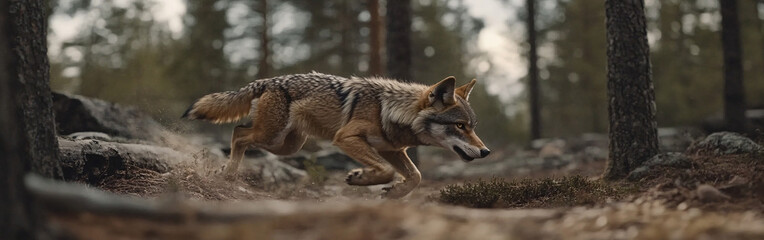 Fototapeta premium Wolf in the forest. Wildlife scene from winter nature. Wild animal in the natural habitat 