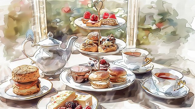 Illustration of Elegant high tea setup with assorted pastries and tea cups