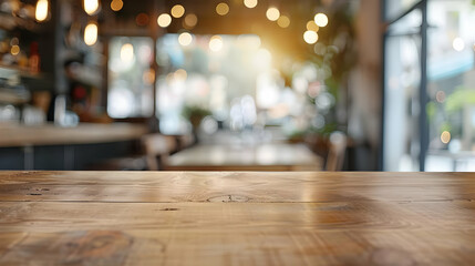 Fototapeta premium Wooden Tabletop with Blurred Cafe Interior Background, a Perfect Setting for Product Display or Mockup