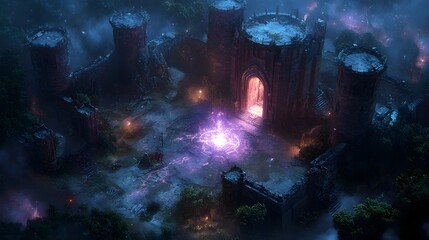 Towers belonging to powerful sorcerers, each exuding unique spells, forming a ring around a courtyard with a glowing magical portal in the center