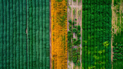 Aerial View of a Field with Rows of Green Crops, a Strip of Yellow Crops, and a Narrow Field of  Crops  in Between