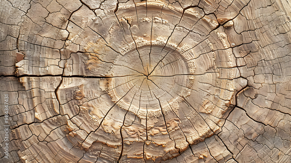 Poster a close-up view of a cracked and weathered tree trunk cross-section, revealing the detailed patterns