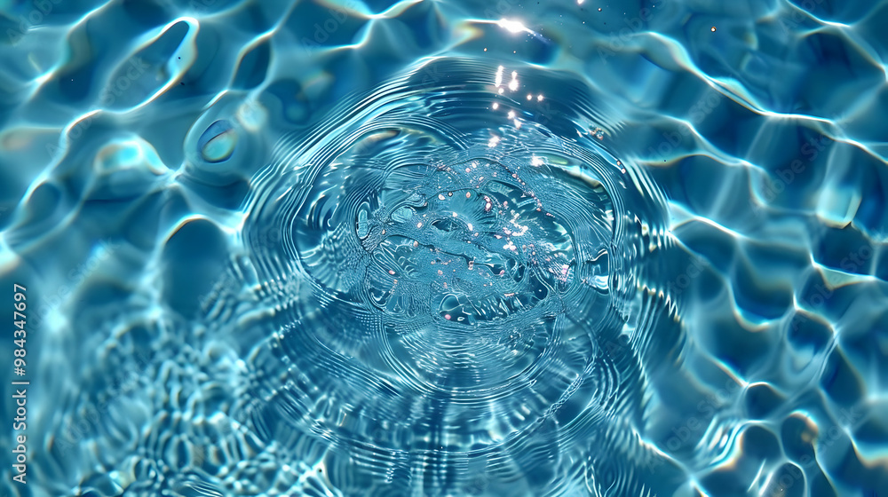 Poster a close-up view of rippling blue water with a circular reflection pattern from a splash