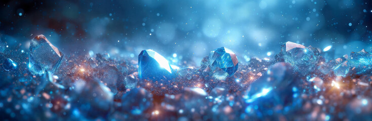 Fototapeta premium The image is a close-up of a group of blue crystals scattered on a dark blue background. The crystals are of different sizes and shapes, with some being larger and some being smaller. 