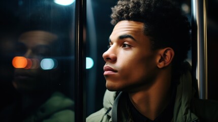 A young man gazes thoughtfully out a bus window at night, city lights glimmering in the background, reflecting a moment of introspection and urban life.