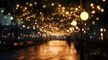 A serene pathway illuminated by glowing lights, creating a magical nighttime ambiance.
