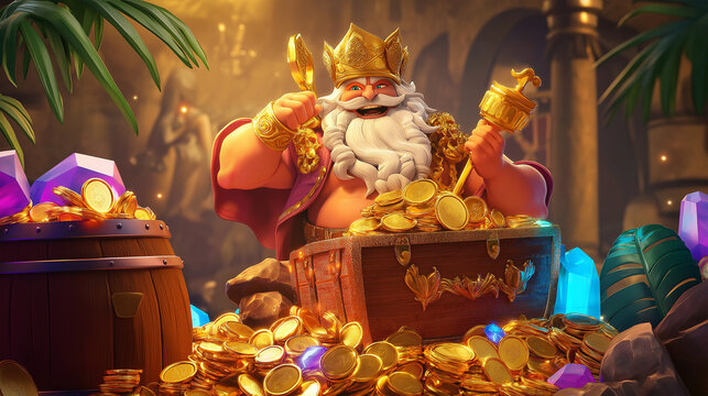 The zeus wrath slot game character with gold coins, game background, Illustration