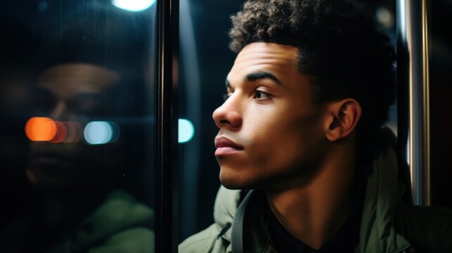 A young man gazes thoughtfully out a bus window at night, city lights glimmering in the background, reflecting a moment of introspection and urban life.