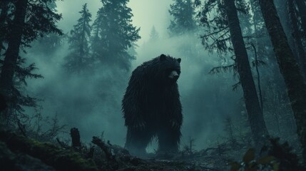 An intriguing image of a cryptid animal, blending myth and mystery in a dense, foggy forest.