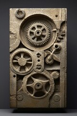 Fototapeta premium A stone-carved computer-like device with gears and dials, an artistic interpretation of ancient technology meeting modern ideas