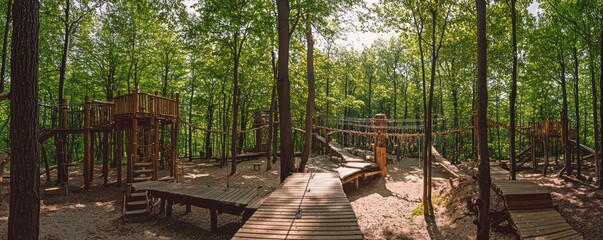A wooden adventure park in a forest, with obstacle courses and zip lines that use trees and natural topography to challenge visitors of all ages