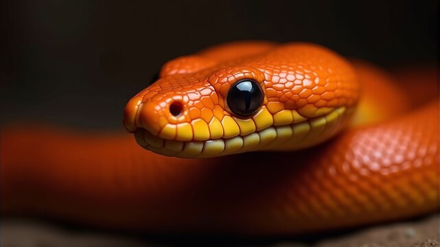 an orange snake in close-up with a black eye and yellow stripes.