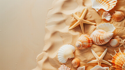 Seashells and starfish scattered on sandy beach during sunny day, showcasing nature's beauty by the shore