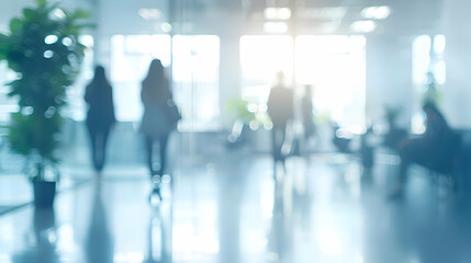 Blurred Abstract Background of People Walking in a Modern Office Building with a Plant in a Pot