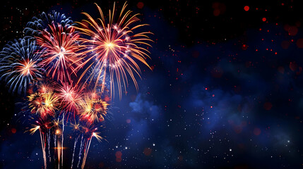 Colorful Fireworks Displaying in Night Sky with Blue and Red Bokeh Lights as Background