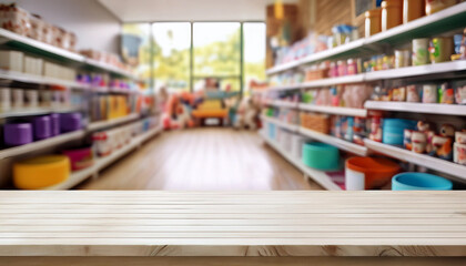 Empty Table with a Vibrant Pet Shop Background, Showcasing Animal Accessories and Products for a Wholesome Shopping Experience in a Modern Retail Environment.