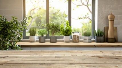 Wood table top on blurred kitchen background. can be used mock up for montage products display or design layout