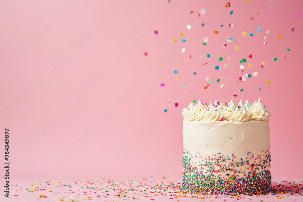 Wall mural a festive cake with colorful confetti sprinkles and buttercream frosting, placed on a blank pastel-c