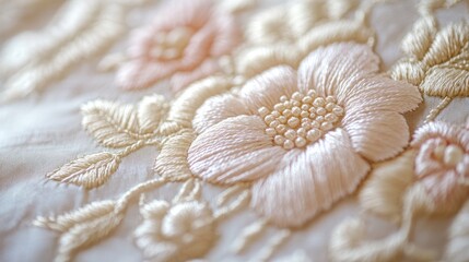 A close-up of intricate embroidery being carefully ironed, highlighting the delicate precision involved.