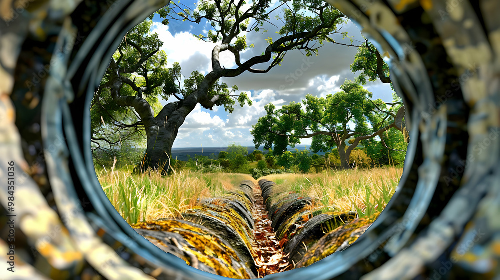Poster a view through a circular frame of a lush green meadow with trees and a cloudy sky in the background