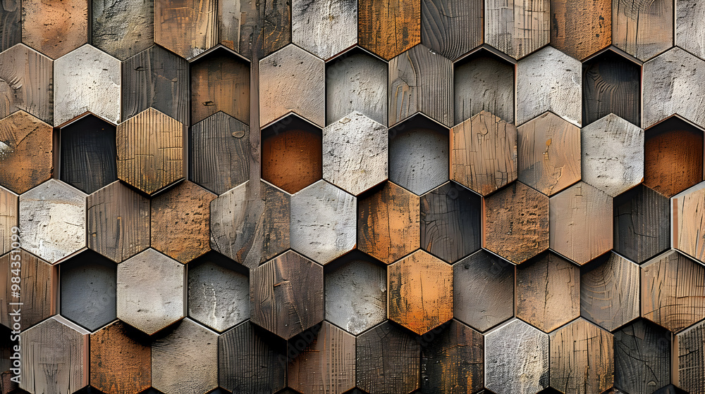 Aufkleber abstract hexagon pattern made of different colored wood panels, seamless texture for background desi