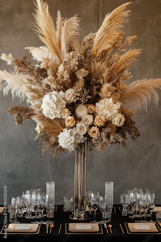 Wall mural tall vase with pampas grass and white roses on a table with black tablecloth and gold accents.