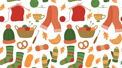 Seamless pattern with hand drawn knitting tools, knitted clothes, cup of tea and baking. Cute autumn vibe background