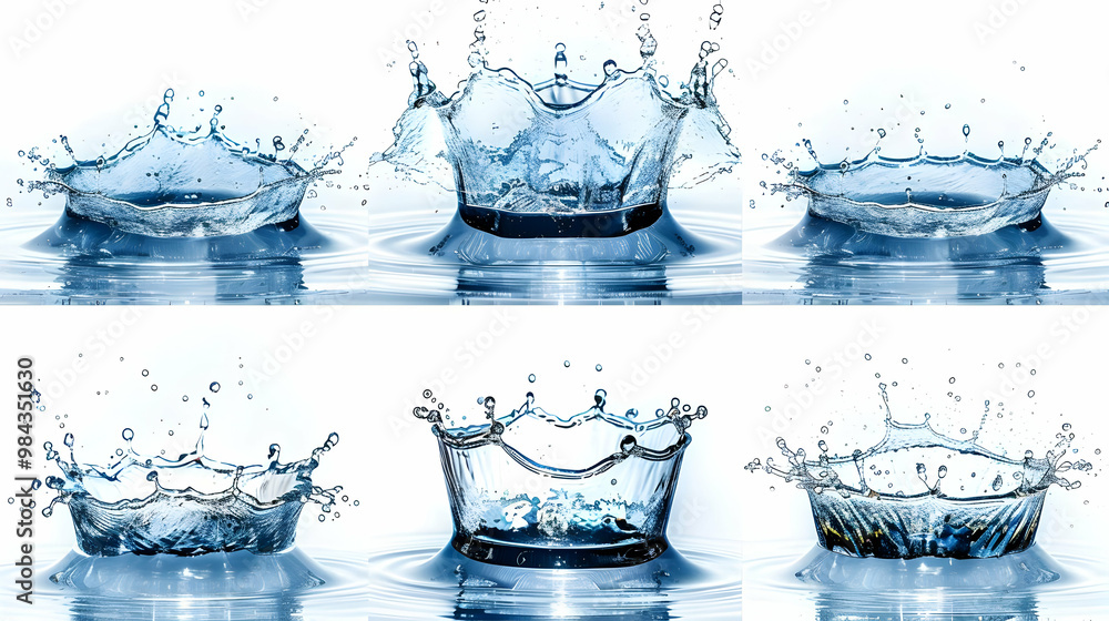 Poster a collection of six water drops splashing and creating a crown shaped splash with ripples on a white