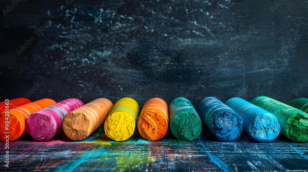 Poster A Row of Colorful Chalk Sticks on a Dark Chalkboard Surface, Ready to Create Art and Learning Experiences