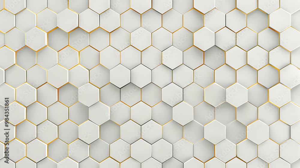 Poster abstract 3d rendered white hexagon pattern with golden outline, creating a modern minimalist geometr