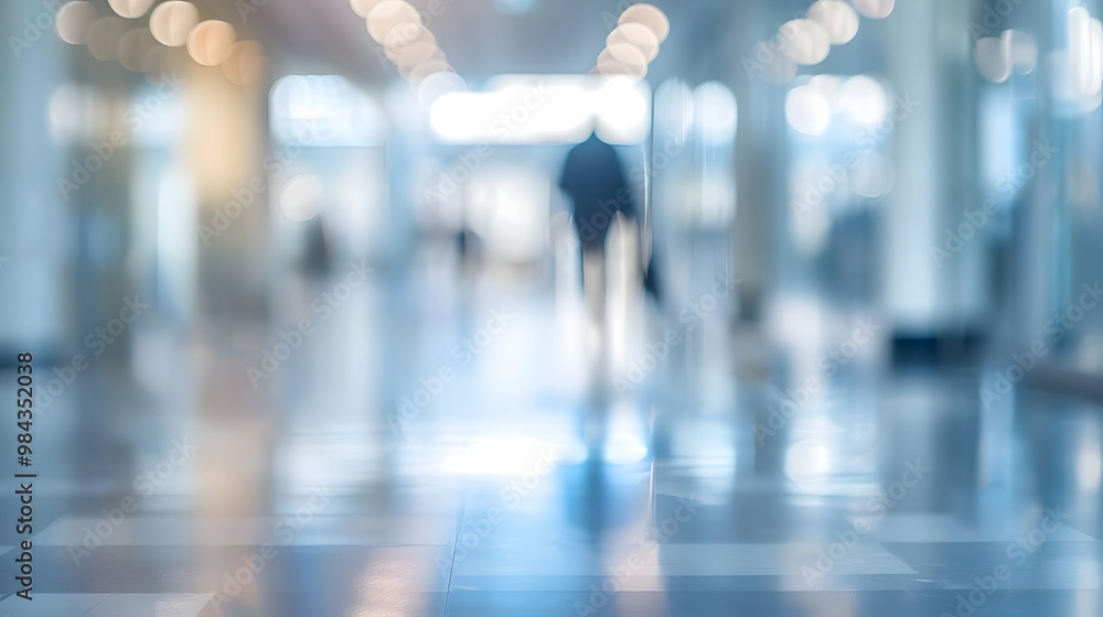 Poster blurred abstract background of people walking through a modern hallway with bokeh lights