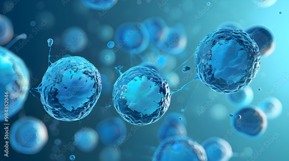 Poster 3d render of blue cells in a microscopic view, showing the detailed structure of cells and their int