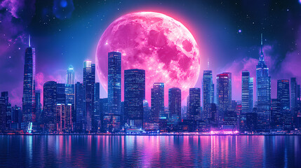 Fototapeta premium A vibrant city skyline under a large, pink moon with a colorful night sky.