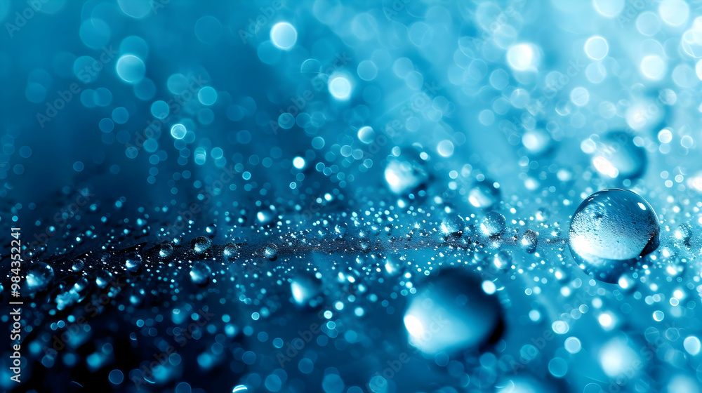 Poster macro photography of water droplets on a blue background with a bokeh effect