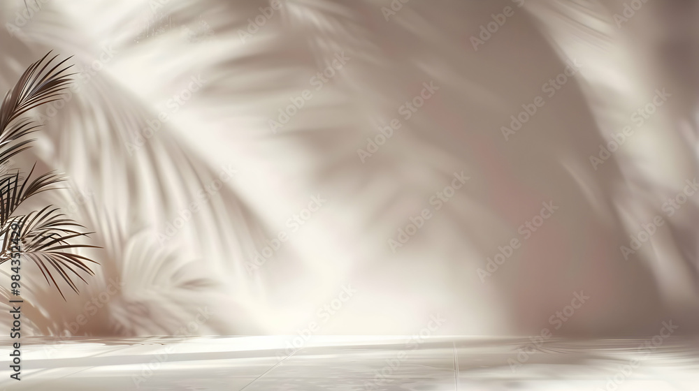 Poster minimalist white wall background with palm leaf shadows, creating an abstract and elegant design for