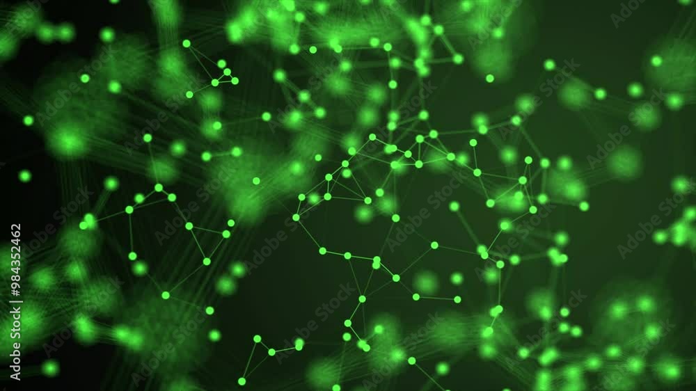 Poster abstract plexus technology background with glowing green connecting lines and dots or nodes on white
